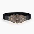 Cinturón elástico vintage para mujer, cinturón ancho negro para vestido con hebilla de metal tallado. - Hebilla Tallada de 6.0cm / Negro