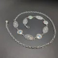 Silver ethnic style embossed waist chain retro metal dress belt with turquoise details - Green Stone Embossed Waist Chain (Style One) / Silver