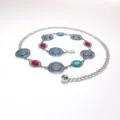 Bohemian style metal waist chain for women, Y2K textured coin belt for dress and sweater. - Silver Hat Red And Blue Gemstone Waist Chain / Silver