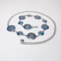 Bohemian silver metal waist chain Y2K style skirt belt with round coin charms and blue stones. - Hat Spliced Gemstone Waist Chain / Silver