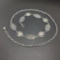 Silver vintage ethnic metal waist chain with embossed decorative plates for women dress accessory. - Sun Embossed Waist Chain (Style One) / Silver