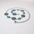 Bohemian metal waist chain with turquoise stones and textured round medallions for women Y2K style - Silver Hat Sapphire Waist Chain / Silver