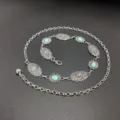 Silver vintage bohemian waist chain with turquoise stones and floral embossed metal links for dress. - Turquoise Embossed Waist Chain (Style One) / Silver