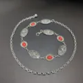Vintage silver waist chain with floral carved metal plates and red stones for women dresses boho. - Red Turquoise Embossed Waist Chain (Style One) / Silver