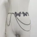 Women silver metal butterfly waist chain multi layer decorative body chain for dress jeans - Style B Butterfly Waist Chain / 4cm / Silver Butterfly Waist Chain (Style B 4-Coin Tassel)