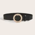 Schwarzer Damen-Strohgeflochtener Gürtel mit großer runder goldener Schnalle für Damen. - Stil 3 / 95cm / Schwarz