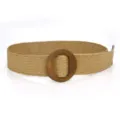 Damen Gewebter Strohgürtel Khaki Runde Holz Schnalle Variante Mode Accessoire Stil - Stil 4 / 95cm / Dunkelbeige