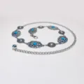 Böhmische Retro Taillenkette silberfarbener Metallgürtel mit blauen Dekosteinen - 3,3 cm silberfarbene ovale & Spitzen-Taillenketten / Silber [Blauer Türkis]