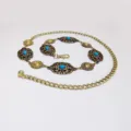 Vintage Türkis Metall Taillenkette für Damen ethnische Kleidung hohles Schnitzen Gürtel - 3.3cm Antik Gold Oval + Spitze Taillenkette / Antik Gold [Blauer Türkis]