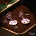 Close-up detail of purple enamel flower earrings showing precise dimensions and weight - Purple Pendant Flower (2-26942-7500)