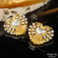 Close-up of vintage heart earrings with pearls and rhinestones showing dimensions - Wavy Border Heart Shape Pearl Rhinestone Style (E4-19663A-6800)