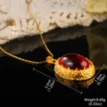 Vintage gold palace style necklace pendant with large red stone, dimensions and weight details. - Necklace Pendant / 42+5cm / Ruby Cabochon (E4-1100E-N-5500)