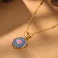 Close-up of vintage flower pendant necklace with blue enamel and pink floral pattern - Pink Zodiac Flower Necklace (2-27143B-N-6500)