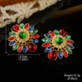 Close-up of vintage floral earrings showing precise size and weight measurements - Colorful Gem Floral Pearl Vintage Style (E4-19819-6500)