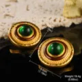 Vintage court-style green enamel round stud earrings with detailed measurements. - Stud Style / Diameter 3.0cm / Green Gemstone Disc (E4-19041D-6500)
