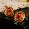 Detailed macro view of vintage palace style red enamel earrings with gold foil accents - Stud Style / 2.2x2.4cm / Red Enamel Disc (E4-19128D-6000)