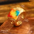 Detailed view of vintage gold hammered ring with colorful oil painting enamel inlay - Adjustable Open / Rectangular Oil Painting (1-3976A-4500)