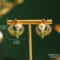 Close-up of vintage Monet garden floral earrings with dimension and weight details. - Gold Wheat Pearl Red Gem Style (2-26370-6000) / 1 Pair