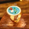 Detail view of a vintage oil painting style flower ring with pearl and size markers - Adjustable Open / Light Blue Red Flower (E4-19992B-JC-5200)