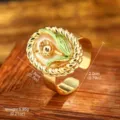 Detailed view of a vintage enamel flower ring showing dimensions and weight info - Adjustable Open / Green White Leaves (E4-21782A-JC-4800)