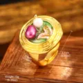 Detail view of vintage oil painting style flower ring with pearls and dimensions. - Adjustable Open / Dark Pink Pearl (E4-21787-JC-5200)
