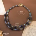 Detail view of vintage beaded necklace with gold camellia clasp and measurements - 18K Gold / Blue Gold Texture Stone Camellia Double Layer (N6-13684-19800)