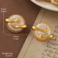 Detailed view of vintage gold hugging hands earrings with pearl center and measurements. - Hugging Pearl Style (2-22176-7500)