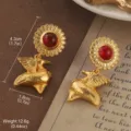 Detailed macro view showing the size of vintage gold sunflower bird earrings - Sunflower and Bird Style (2-22185A-6800)