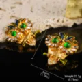 Macro detail of vintage palace style owl jewelry with green crystals and enamel work - Stud Style / 3.7x3.0cm / Owl Enamel Style (E4-19915B-8200)