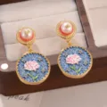 Vintage palace style enamel flower round pendant earrings featuring elegant pink pearl - Blue Floral Earrings (2-27143B-8200)