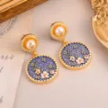 Elegant vintage palace style drop earrings with floral enamel and gold foil pearl detail. - Blue Enamel Pearl Earrings (2-27219-8200)