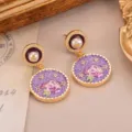 Vintage court style purple enamel rose earrings with pearls and golden finish jewelry - Rose Zodiac Flower Earrings (2-27144-8200)