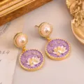 Vintage palace style lotus flower drop earrings featuring purple enamel and pearl details - Lotus Zodiac Flower Earrings (2-27145A-8200)
