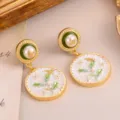 Vintage palace style earrings with green enamel, pearls and floral patterns - Green Leaf Vintage Earrings (2-27146-8200)