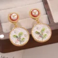 Vintage palace style golden drop earrings featuring elegant pearl and holly leaf pattern - Red Berry Vintage Earrings (2-27146A-8200)