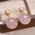 Elegant vintage purple enamel floral drop earrings with gold-tone and pearl details - Purple Floral Vintage Earrings (2-27218-8200)