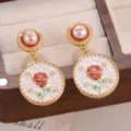 Vintage palace style gold drop earrings with red rose and gold foil pearl. - Red Rose Vintage Earrings (2-27224-8200)