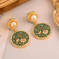 Vintage palace style earrings with green floral circular drop and elegant pearl details - Daisy Vintage Earrings (2-27225-8200)
