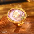 Close-up of vintage baroque flower ring featuring pearl and lavender enamel detail - Adjustable Open / Oil Painting Purple Pearl (E4-21790A-JC-5200)