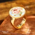 Vintage baroque style floral ring with pearl detail showing dimensions and weight info - Adjustable Open / Pink Circular Disc (E4-21844-JC-5200)