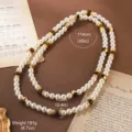 Vintage long pearl necklace featuring tiger's eye beads and gold-toned metal accents - 18K Gold / White Pearl Tiger Eye Layered Long Chain (N6-13649A-34600)