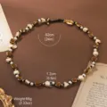 Vintage heavy-duty pearl and natural stone necklace with 62cm length and 66g weight. - 18K Gold / White Pearl Brown Contrast Natural Stone (N6-13680-34600)