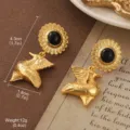 Vintage gold sunflower earrings with black stone and hanging bird pendant, SKU view. - Sunflower and Bird Style (2-22185-6800)