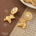 Elegant vintage gold-toned sunflower and bird drop earrings with a central pearl - Sunflower Bird Artificial Pearl Style (2-22185B-6800)