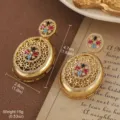 Vintage style gold hollow drop earrings with colorful gemstones and detailed dimensions - Hollow Multicolor Artificial Gemstone Flower Style (2-25158-17000)