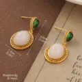 Elegant vintage gold-tone drop earrings featuring green enamel and white oval stones - Green Enamel Oval Artificial Gemstone Style (2-25750-6000)