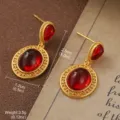 Elegant vintage gold drop earrings with red cabochon stones and dimensions shown - Deep Red Cabochon Gem Style (2-25750A-6000)