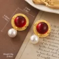 Vintage style gold-tone drop earrings with red gemstone and pearl accent, 1.75 inch - Red Gemstone Woven Texture Pearl Dangle (E4-18925D-6200)