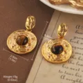 Vintage gold plated dangle earrings with brown tiger eye stone and crystal accents - Tiger Eye Style Metal Embossed Style (E4-21469B-6000)