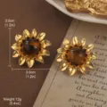 Vintage gold sunflower earrings with brown tiger-eye stone center and size markers - Sunflower Tiger Eye Style (E4-21556-5200)